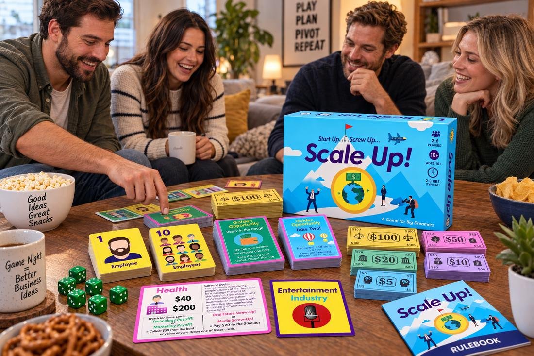 Friends playing the Scale Up! board game at a table with the box, cards, money and rulebook