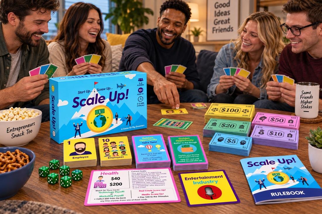 A group of friends laughing while playing Scale Up! with the game box, cards, dice and money on the table